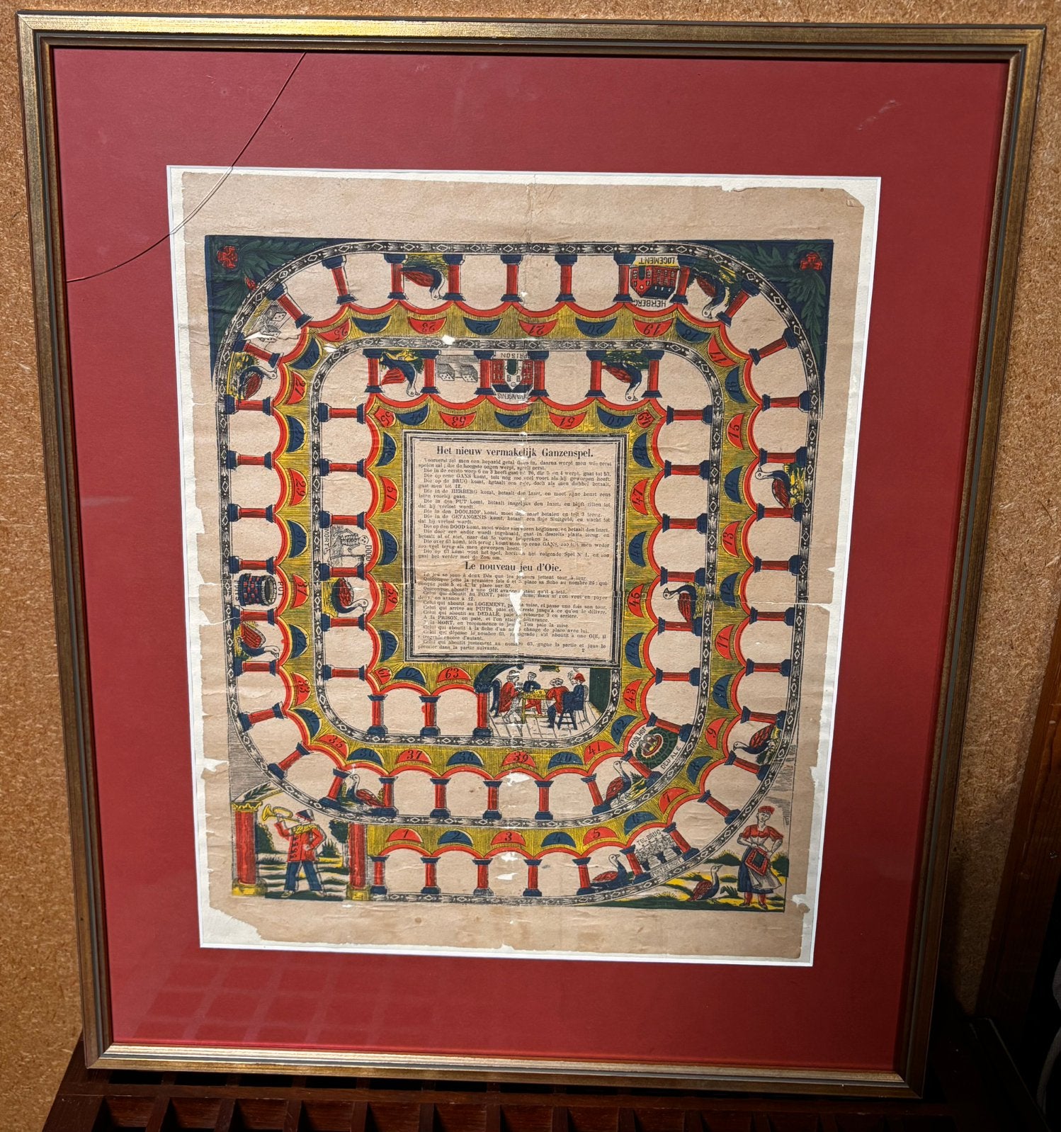 Antiek Ganzenspel “Le nouveau jeu d’Oie” ca. 1850 ingelijst, Overige onderwerpen, Ophalen of Verzenden, Ingelijst, Lithografie