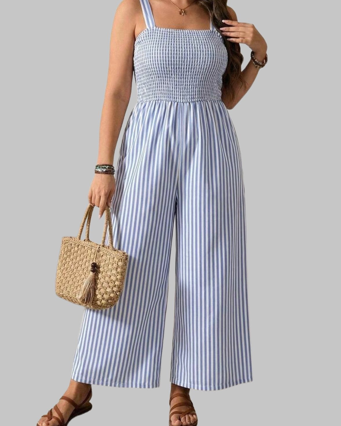 Gestreepte Jumpsuit Lichtblauw (44-52), Kleding | Dames, Verzenden, Nieuw, Blauw, Broek of Spijkerbroek