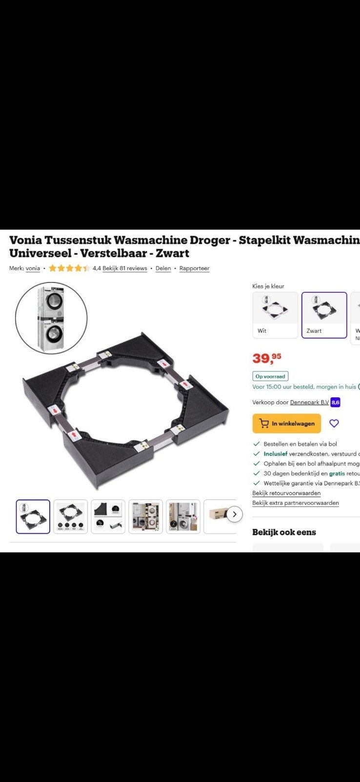 Foto 2 van Vonia Tussenstuk Wasdroger - Stapelkit - Universeel - Zwart
