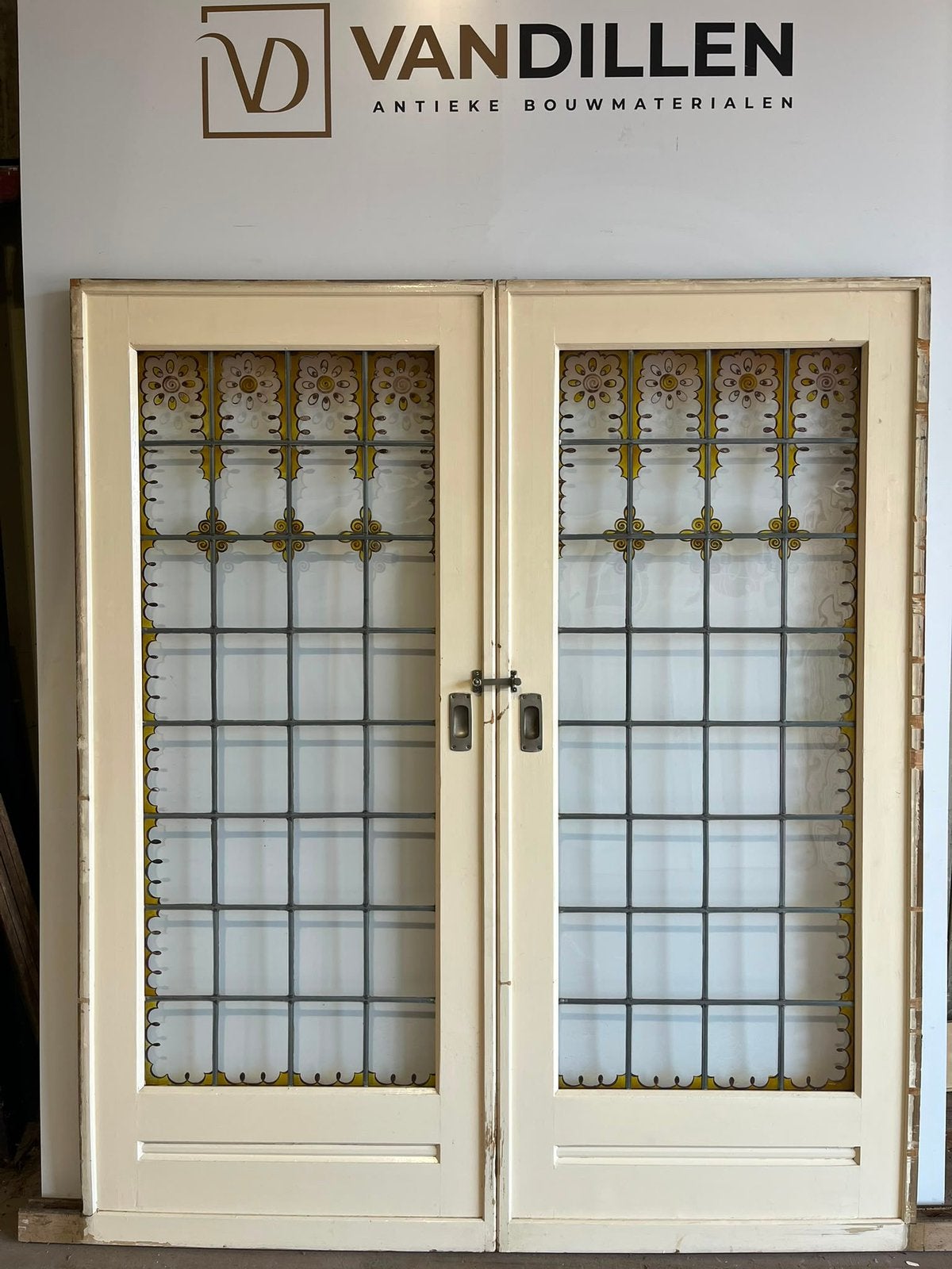 Antieke ensuite schuifdeuren gebrandschilderd 201.5 x 173, Doe-het-zelf en Verbouw, Deuren en Horren, Gebruikt, 120 cm of meer