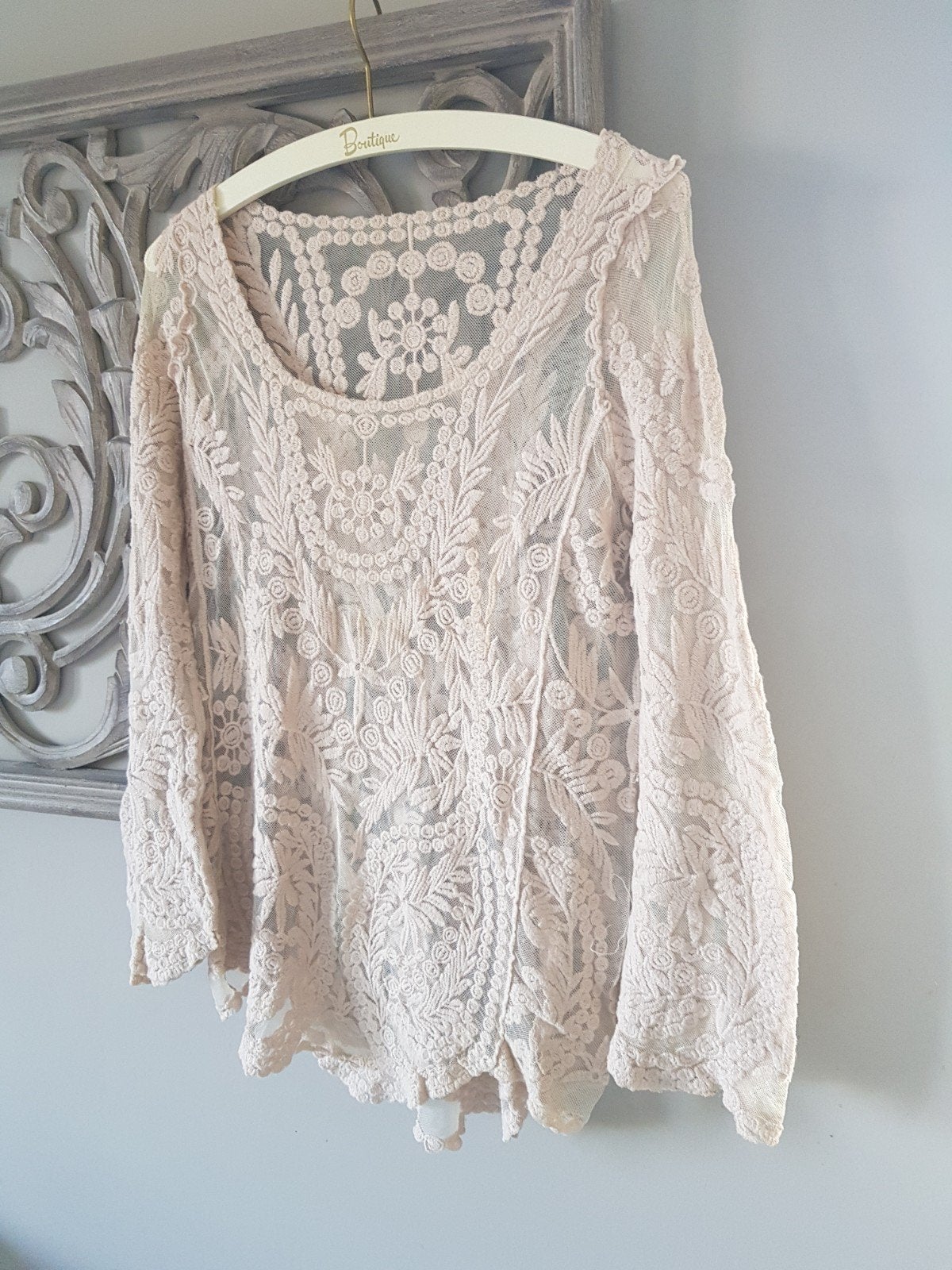 Mooie kanten top met lange mouwen, Onbekend, Ophalen of Verzenden, Beige