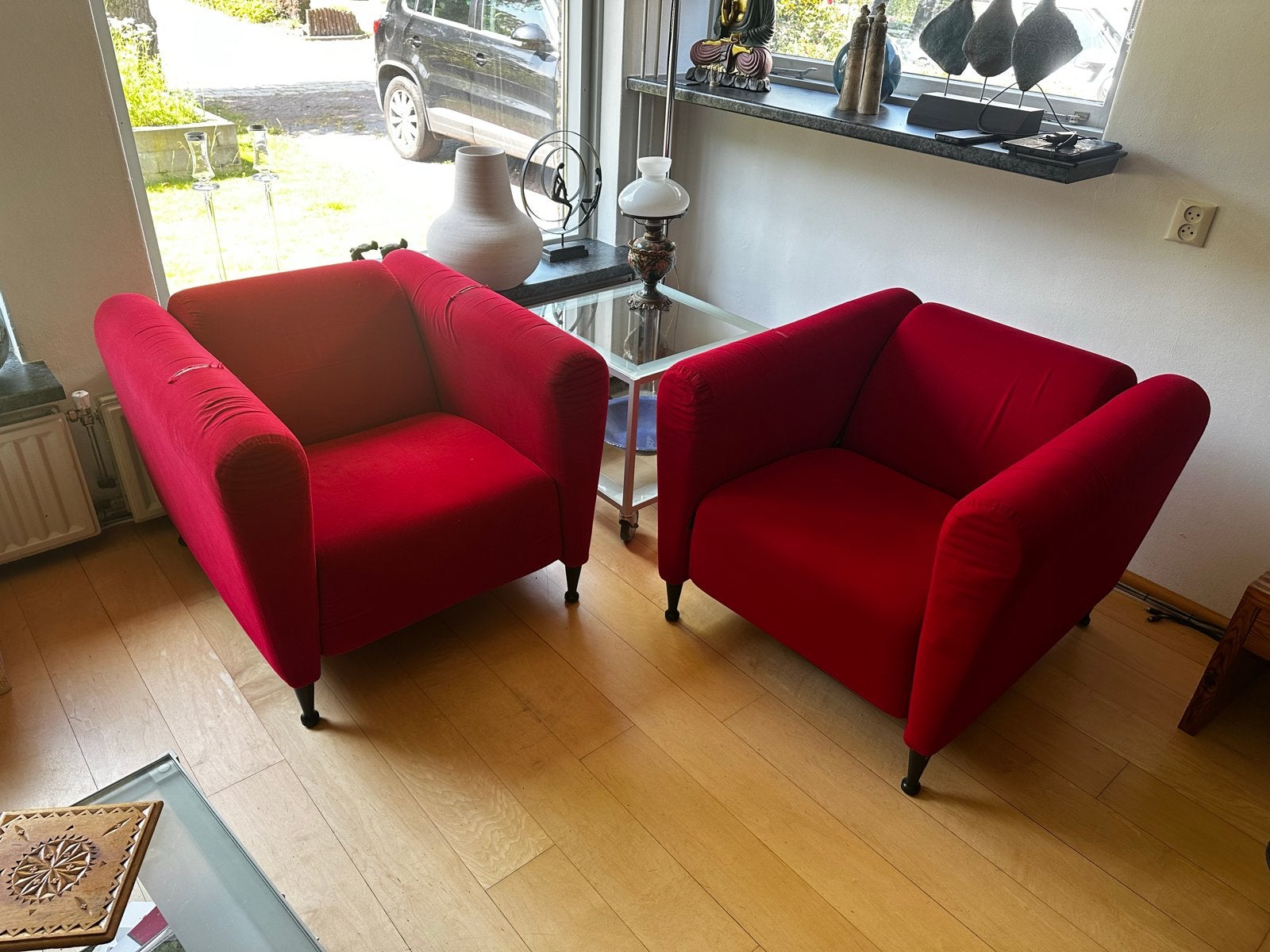 Set van 2 rode fauteuils - Jan des Bouvrie, Ophalen, Gebruikt, Stof, 75 tot 100 cm
