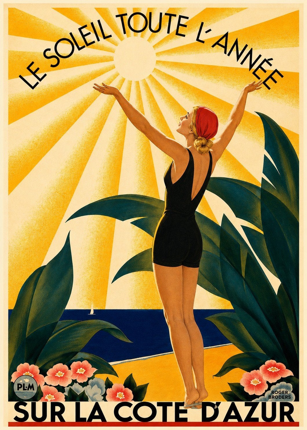 Vintage poster: Le Soleil Toute L'Année Sur La Côte D'Azur, Rechthoekig Staand, Ophalen of Verzenden, Zo goed als nieuw, A1 t/m A3