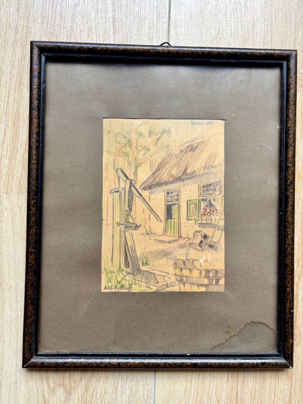 Kleurentekening uit 1936 - Laren (NH), Ophalen of Verzenden, Tekening, Handgemaakt