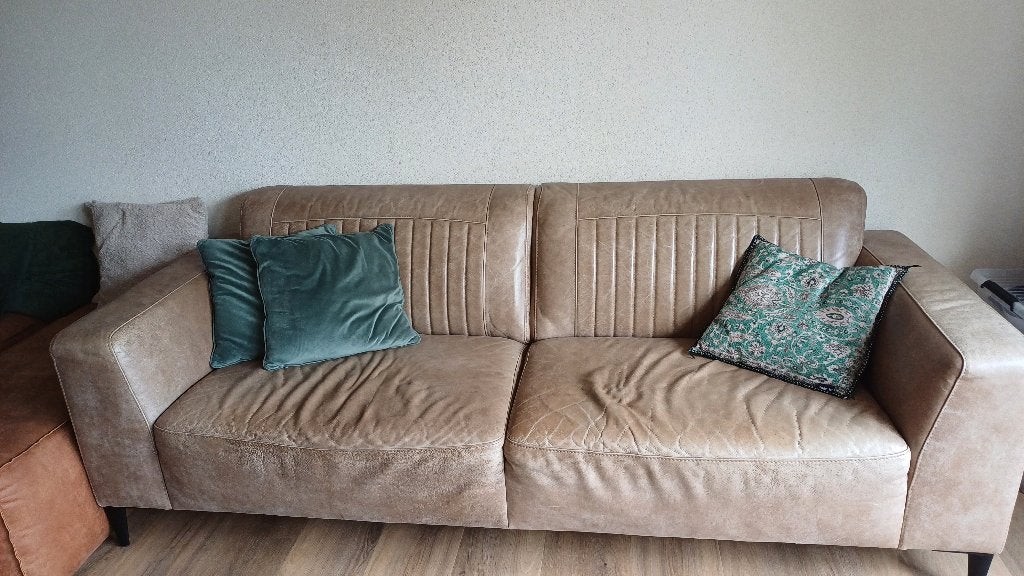 4 persoons leren bankstel, Ophalen, Gebruikt, Rechte bank, 200 tot 250 cm