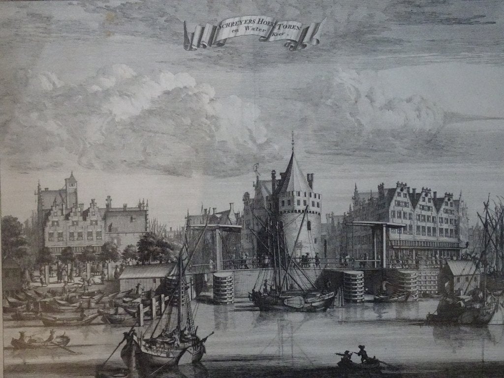 Gravure Schreierstoren Pr. Hendrikkade Amsterdam Tirion 1760, Antiek en Kunst, Verzenden, Stadsgezicht, Ingelijst, Gravure