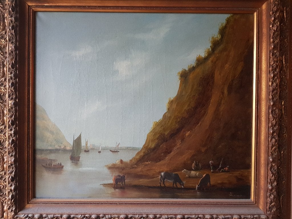 Mooi groot oud ingelijst olieverf schilderij 85-95 cm.