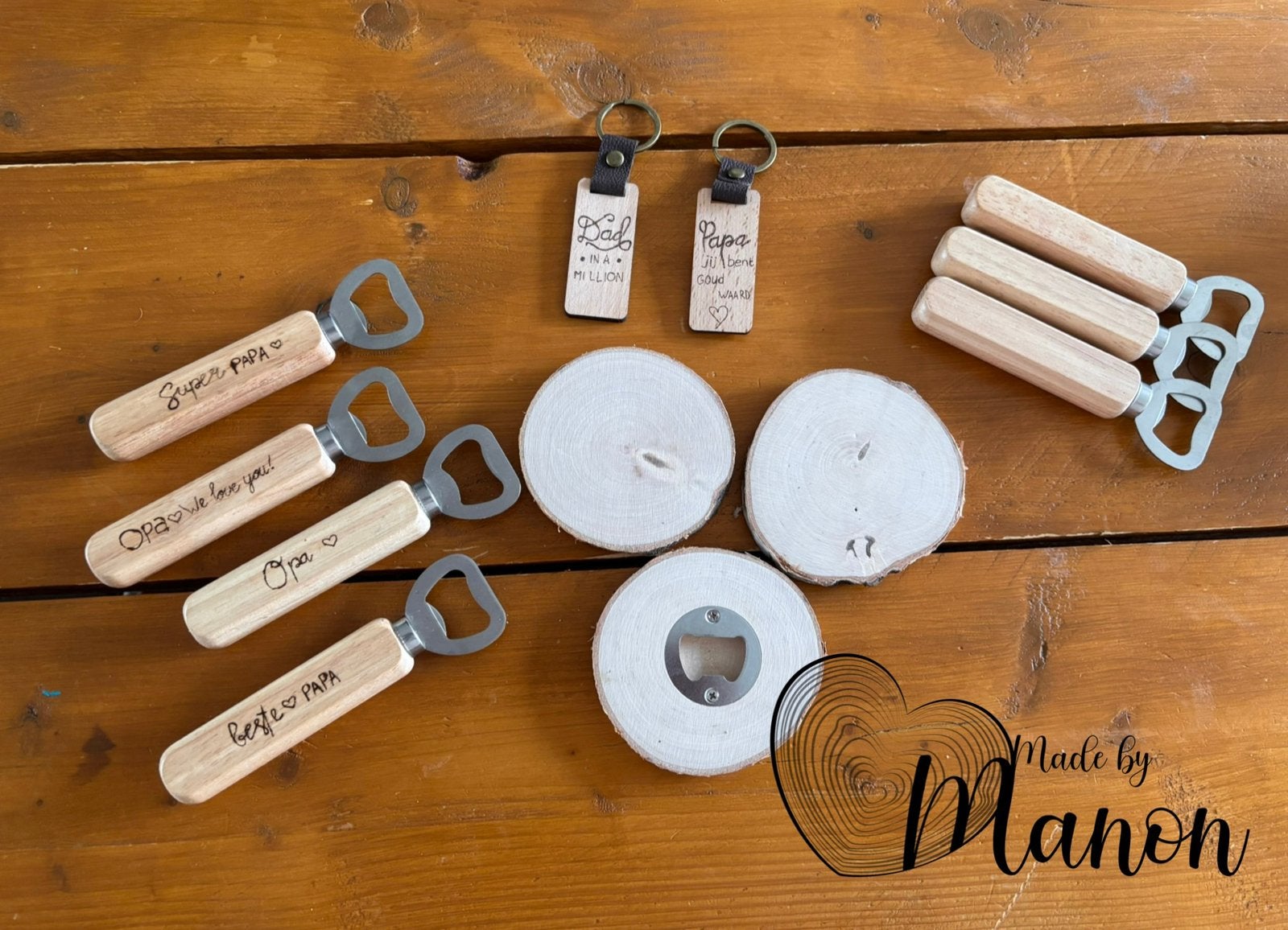 Gepersonaliseerde houten flesopeners en sleutelhangers, Overige typen, Hout, Nieuw, Ophalen of Verzenden