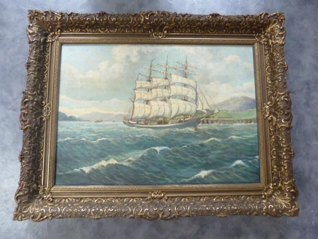 Oud schilderij schip op linnen doek, Ophalen