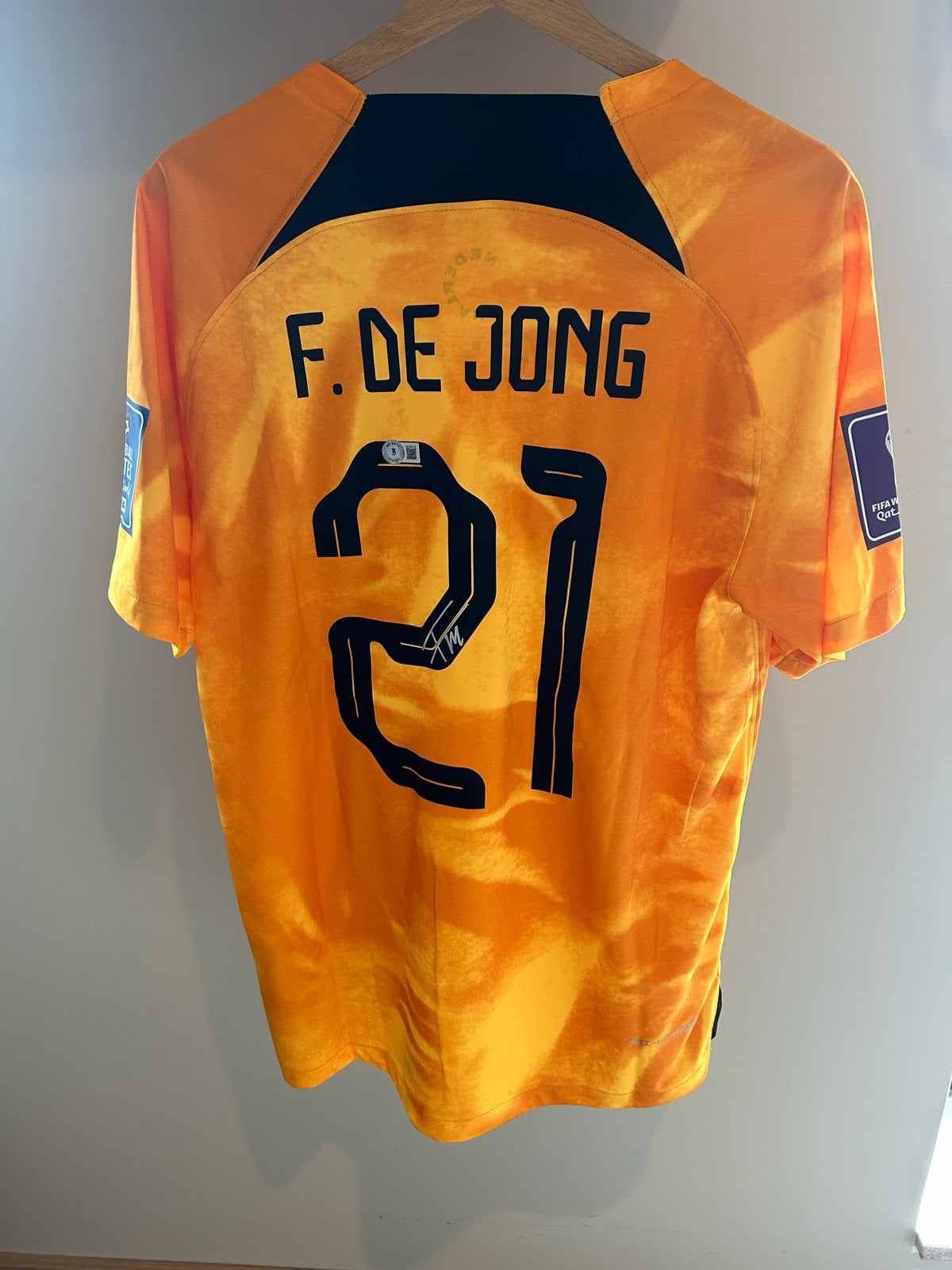 Gesigneerd Oranje shirt F. de Jong - Beckett COA, Maat L, Ophalen of Verzenden, Zo goed als nieuw, Shirt