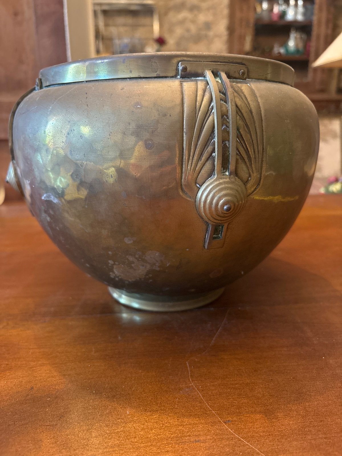 Antieke messing plantenpot Art Deco Details, 19 cm Hoog, Ophalen, Koper