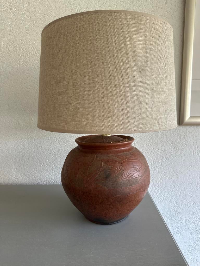 Unieke terracotta tafellamp met stoffen kap, Ophalen, Zo goed als nieuw