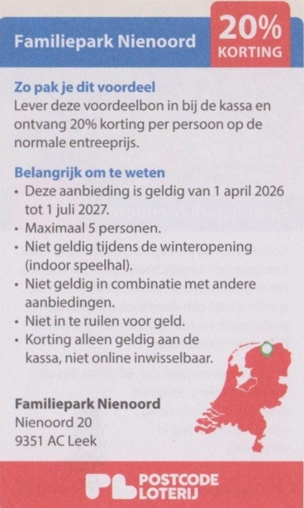 Familiepark Nienoord, Leek. 20% korting. Postcodeloterij bon, Drie personen of meer, Kortingskaart