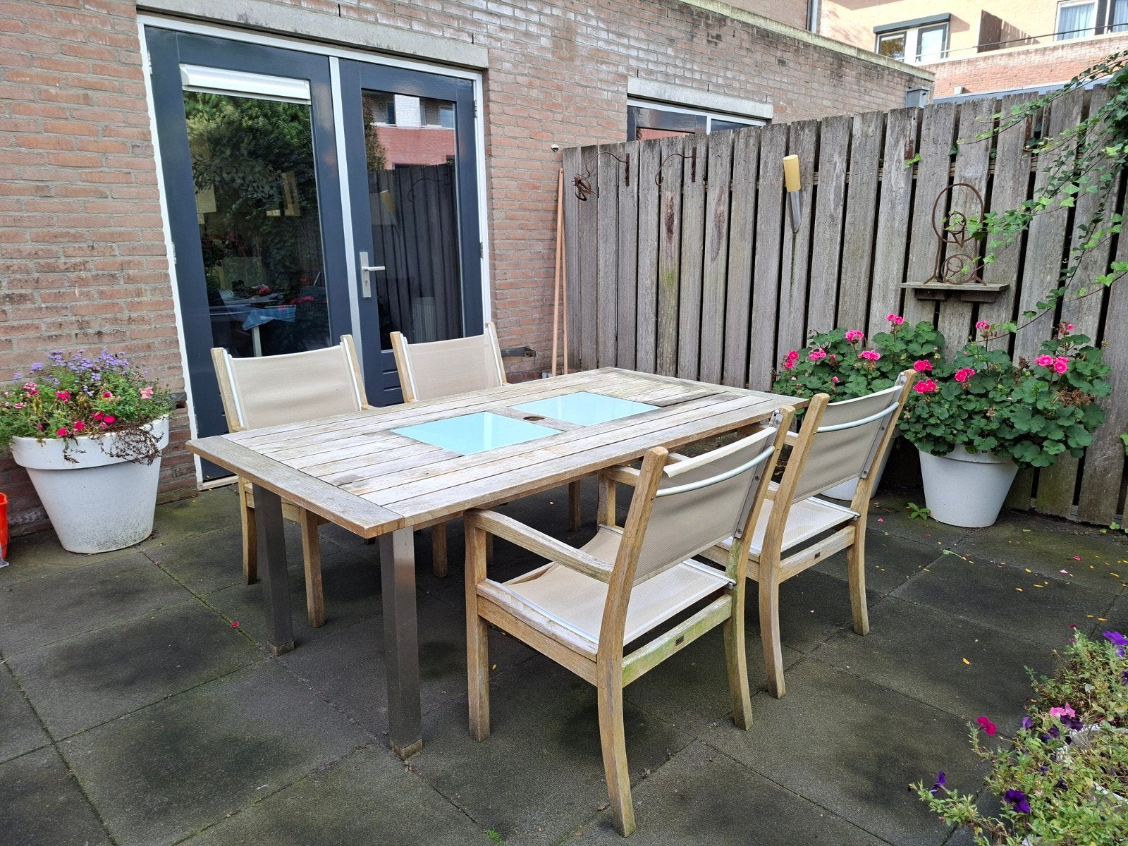 Gloster Teakhouten Tuinset met 4 Stoelen en Tafel, 4 zitplaatsen, Gebruikt, Teakhout, Ophalen of Verzenden