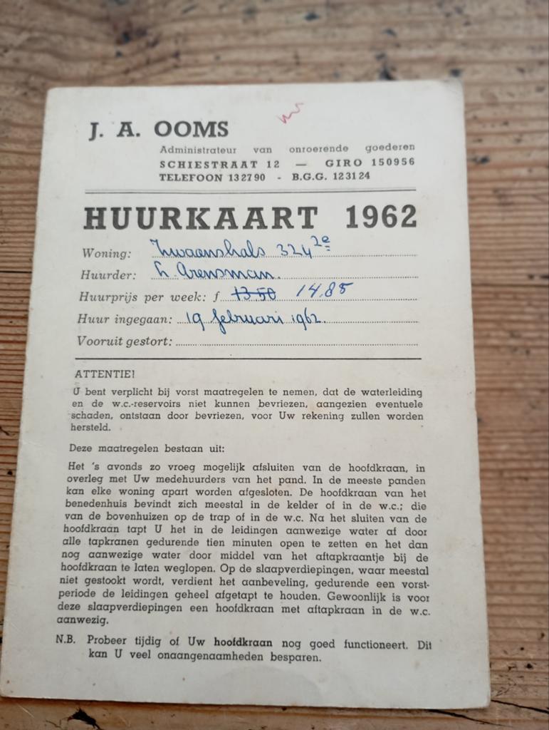 Vintage Huurkaart 1962 J.A Ooms Zwaanshals, Ophalen of Verzenden, Gebruiksvoorwerp