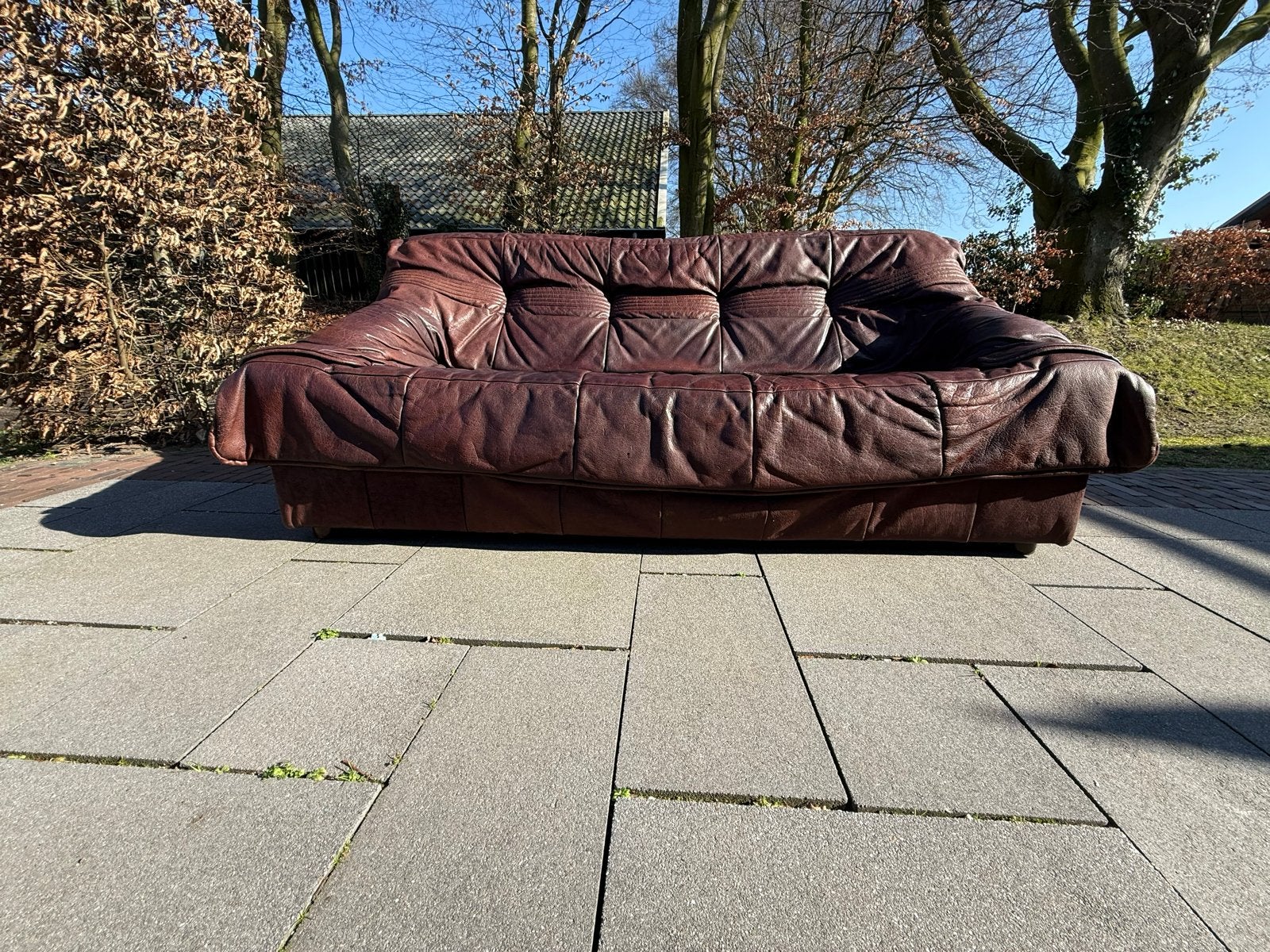 Comfortabele vintage bruine leren bank, Relax, Gebruikt, Driepersoons, Ophalen of Verzenden