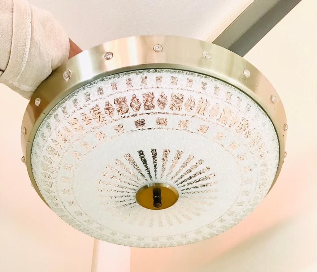 Vintage Retro Plafondlamp Met Ge-etst Glas en Aluminium Rand, Huis en Inrichting, Lampen | Plafondlampen, Ophalen of Verzenden