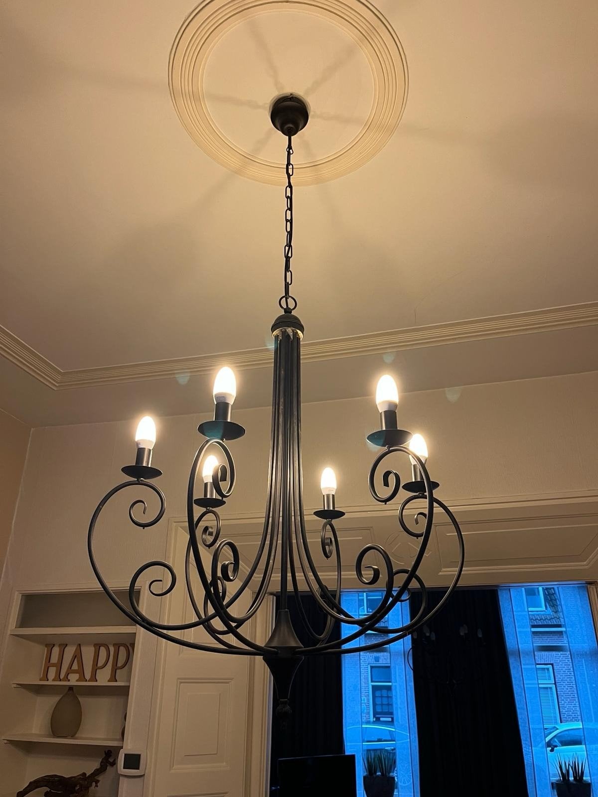 Elegante Zwarte Kroonluchters met 6 of 9 Lichtpunten, Gebruikt, E14 (klein), Ophalen of Verzenden, Metaal