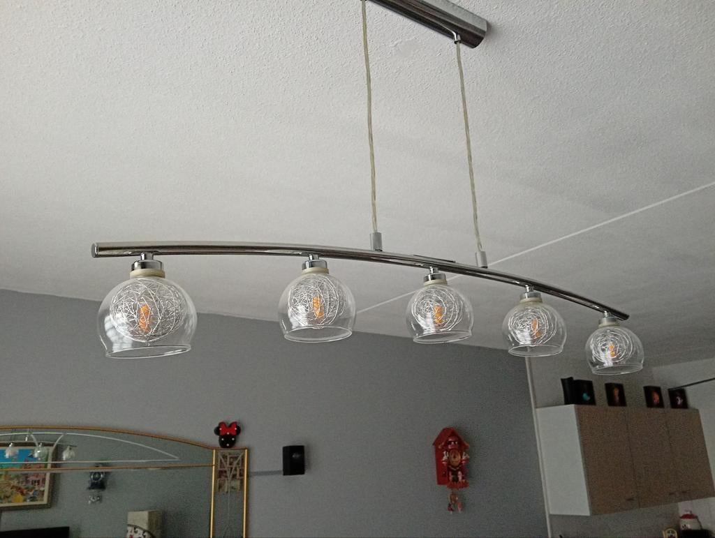 Hanglamp met 5 glazen kappen, Huis en Inrichting, Lampen | Hanglampen, Ophalen