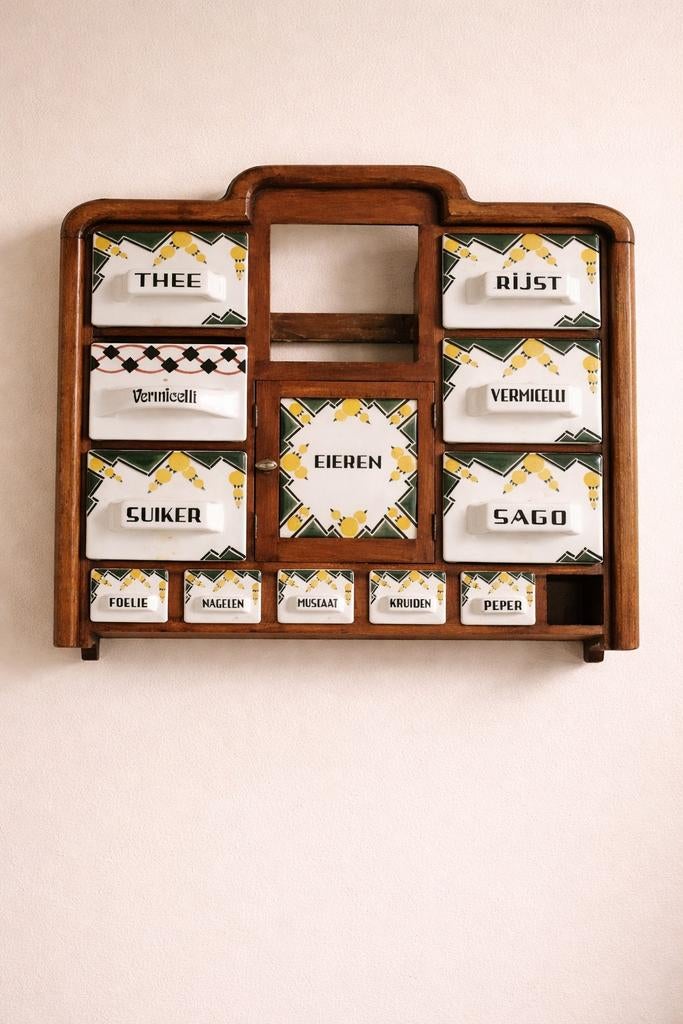 Vintage kruidenkastje met porseleinen lades, Antiek en Kunst, Ophalen of Verzenden