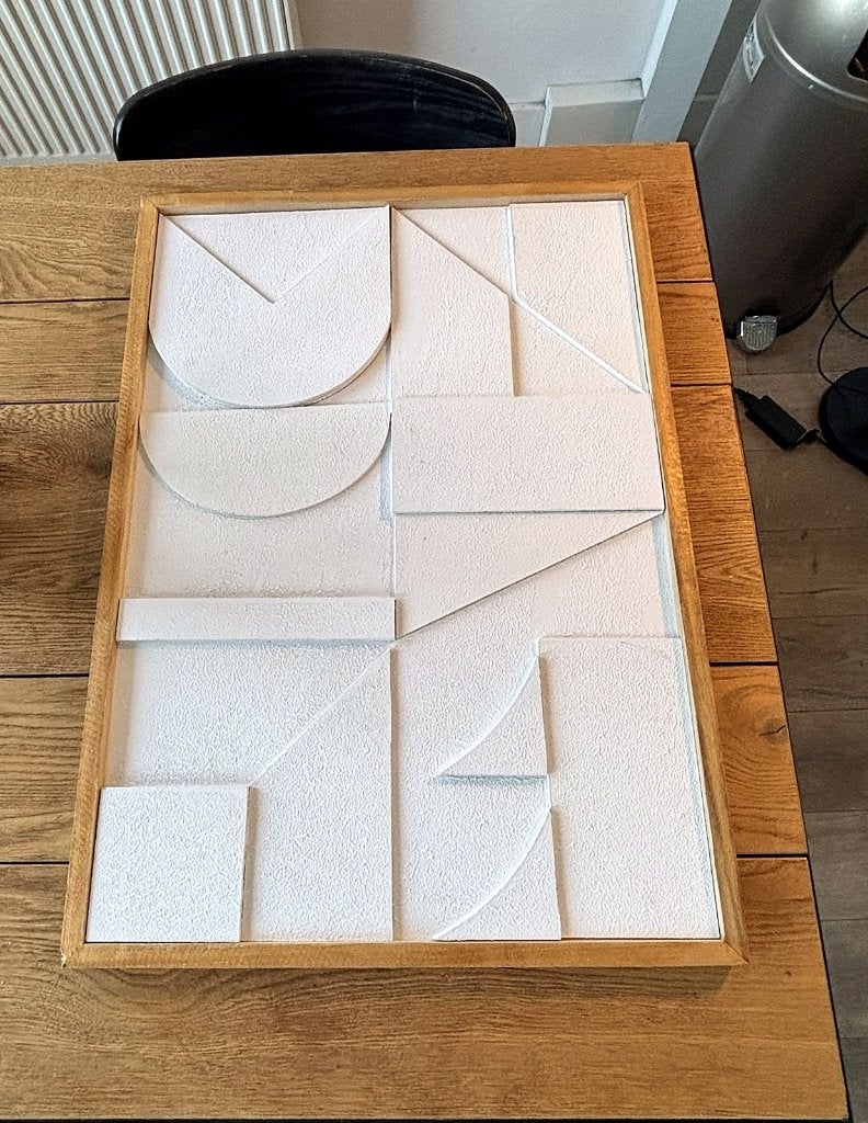 Wit 3D-reliëf wandkunst Japandi – eiken lijst, Abstract, Ophalen of Verzenden, Overige onderwerpen, Ingelijst