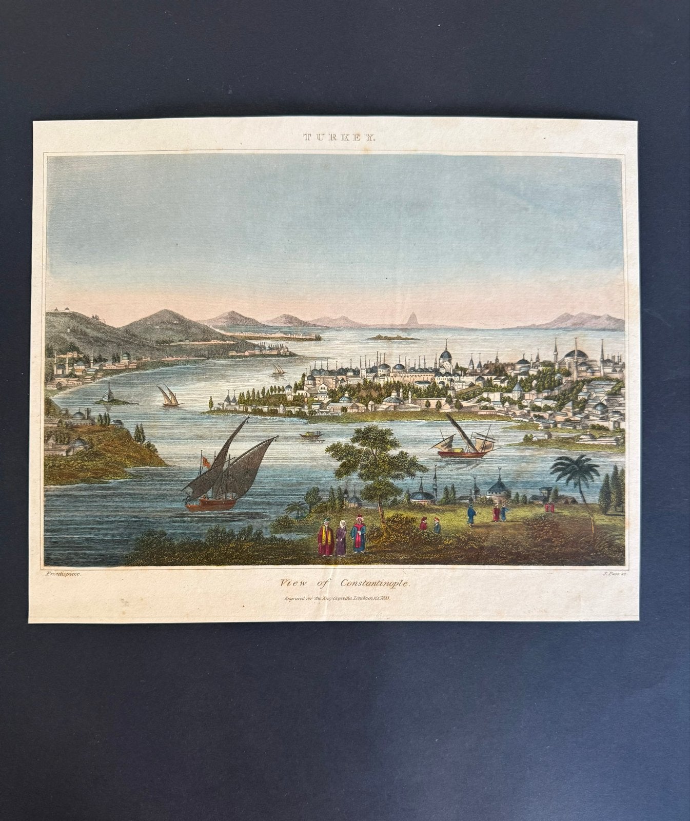 Antieke Handgekleurde Gravure "Constantinopel Istanbul Gezic, Antiek en Kunst, Handgekleurd, 1800 - 1899, Stadsgezicht, Ophalen of Verzenden