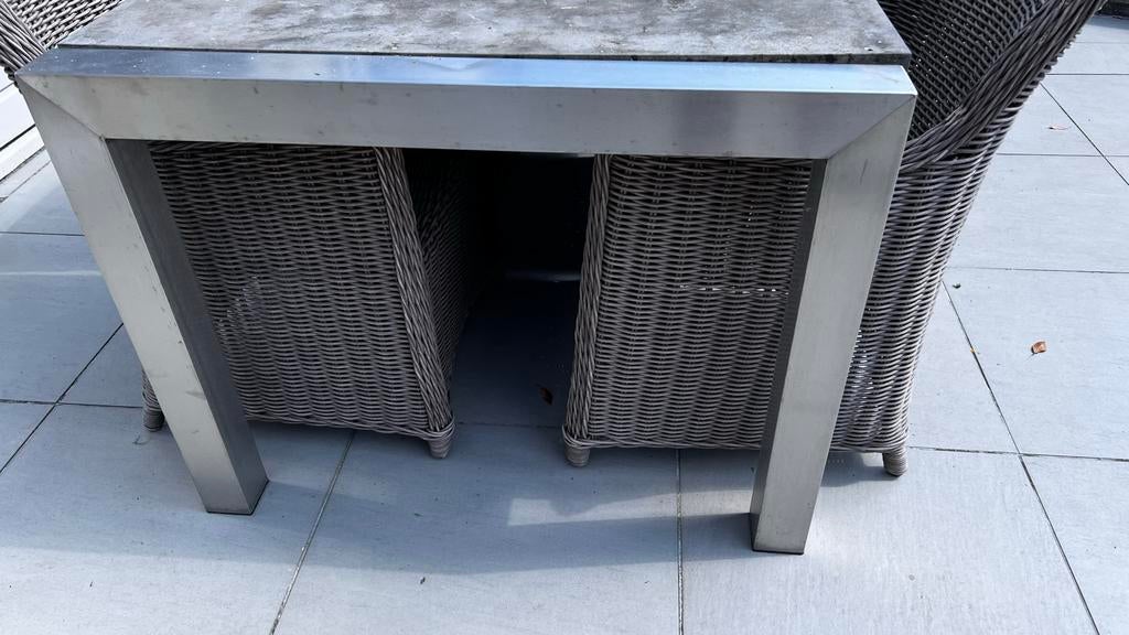 Buiten tafel met RVS onderstel en stenen blad (opknapper), Ophalen of Verzenden, Gebruikt, Rechthoekig, Rvs