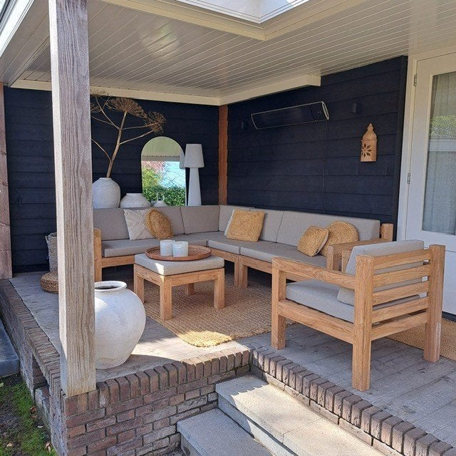 Nieuwe massief teak houten hoekloungeset, allweather kussens, Tuin en Terras, Tuinsets en Loungesets, Ophalen of Verzenden, Zo goed als nieuw