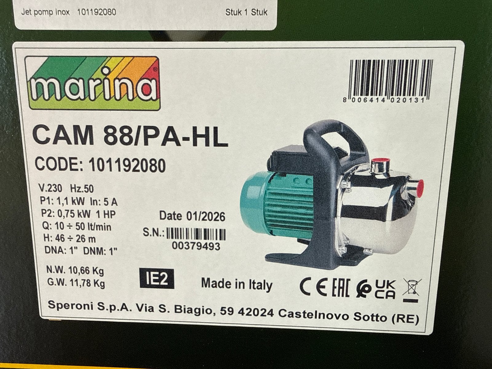 Nieuwe Marina waterpomp CAM 88/PA-HL - Hoge kwaliteit, Ophalen, Marina, Overige typen, Info@hordentuinmachines.nl