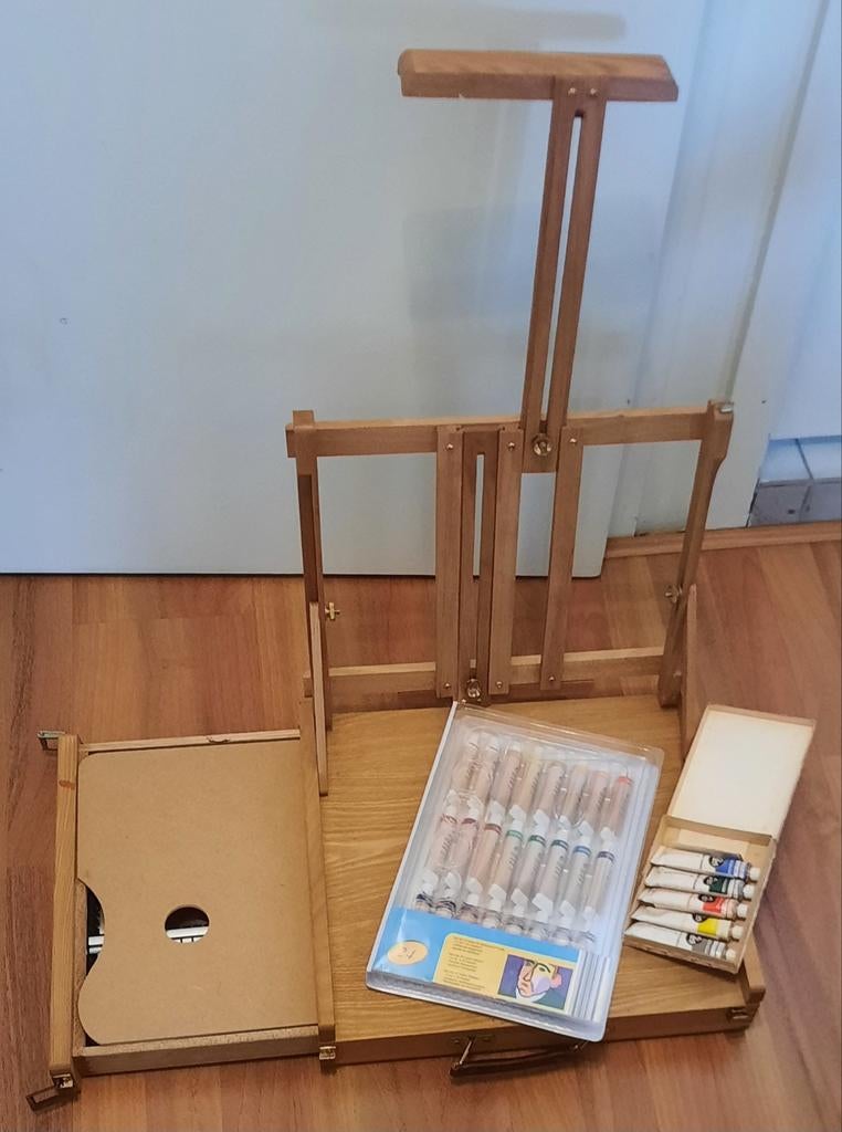 Houten schildersezelkoffer met verf en accessoires, Ophalen