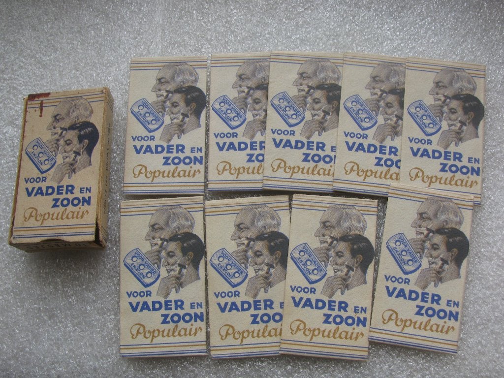 Oud Doosje / Verpakking met 9 Scheermesjes - Vader & Zoon, Verzamelen, Merken en Reclamevoorwerpen, Verzenden, Gebruikt, Verpakking