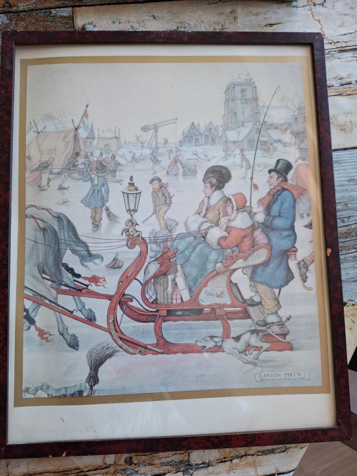 Anton Pieck Wintertafereel - Ingelijste Print, Antiek en Kunst, Ophalen of Verzenden, Print, Print/reproductie, Ingelijst