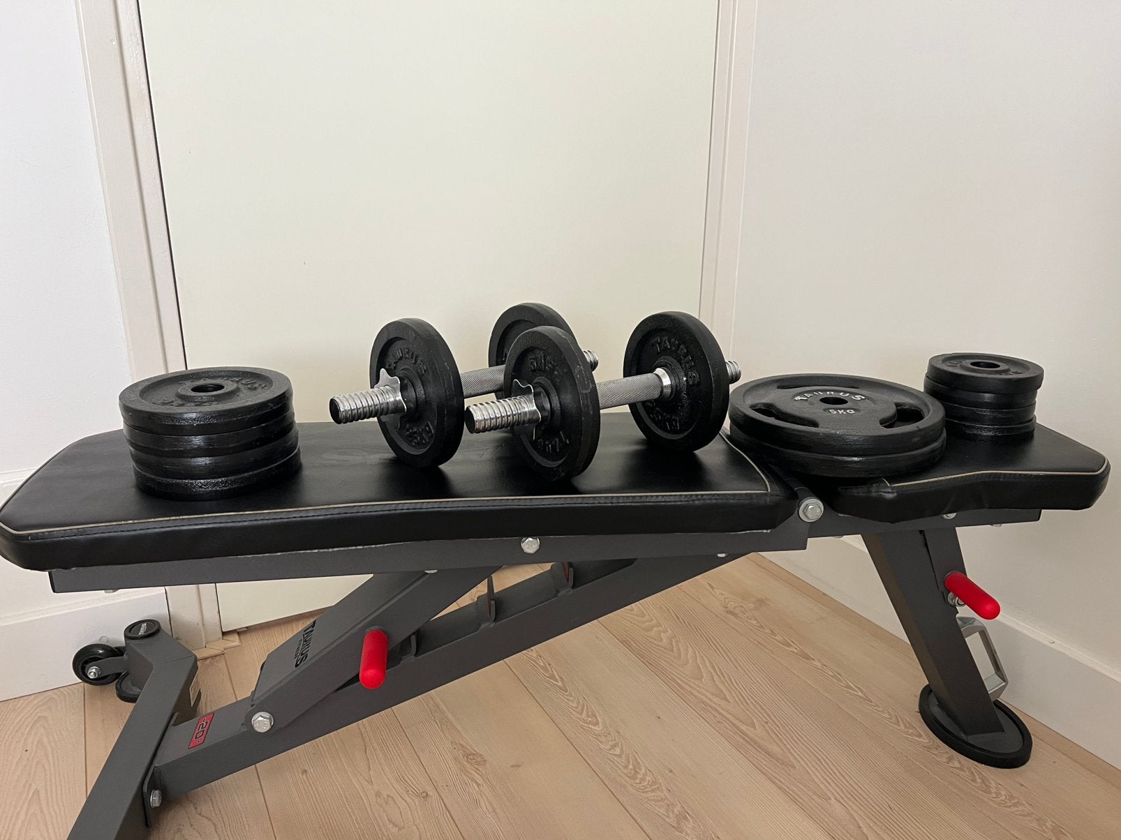 Taurus korte halters/dumbells + 25 kg gewichten-complete set, Ophalen, Zo goed als nieuw, Armen, Halterset