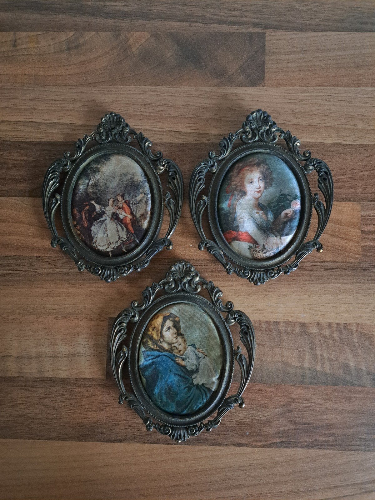 Set van 3 Vintage Miniatuur Schilderijtjes in Barok Lijst, Huis en Inrichting, Minder dan 50 cm, Gebruikt, Ophalen of Verzenden