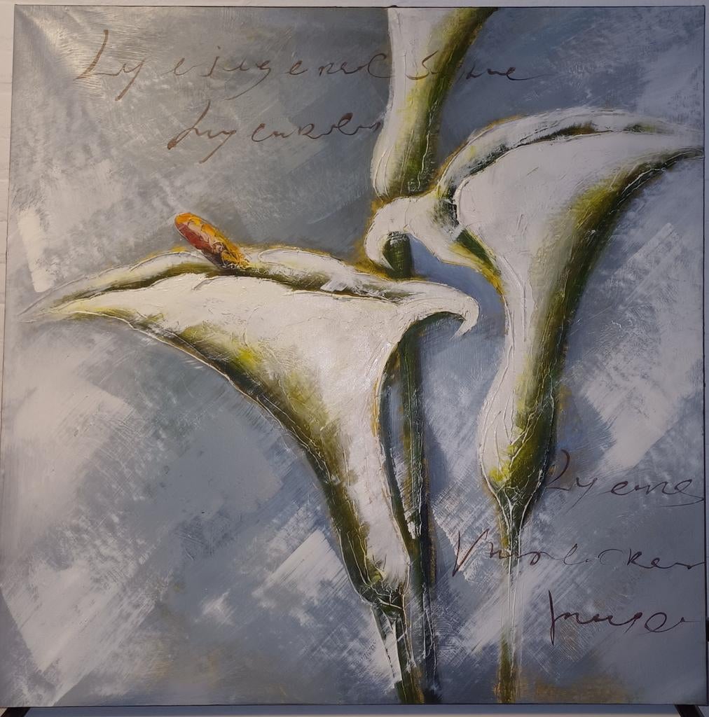 Groot modern schilderij met witte bloemen / lelies 96x96 cm, Ophalen of Verzenden