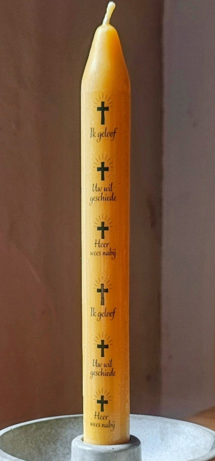 Devotie kaars met heilige tekst van bijenwas, Ophalen of Verzenden, Kaars