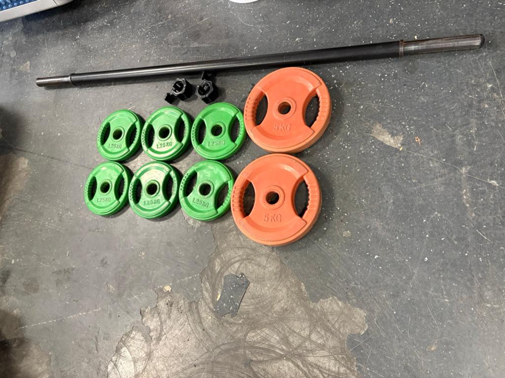 Bodypump halter stang met gewichten, Gebruikt, Bodypump stang, Gewichten, Ophalen of Verzenden
