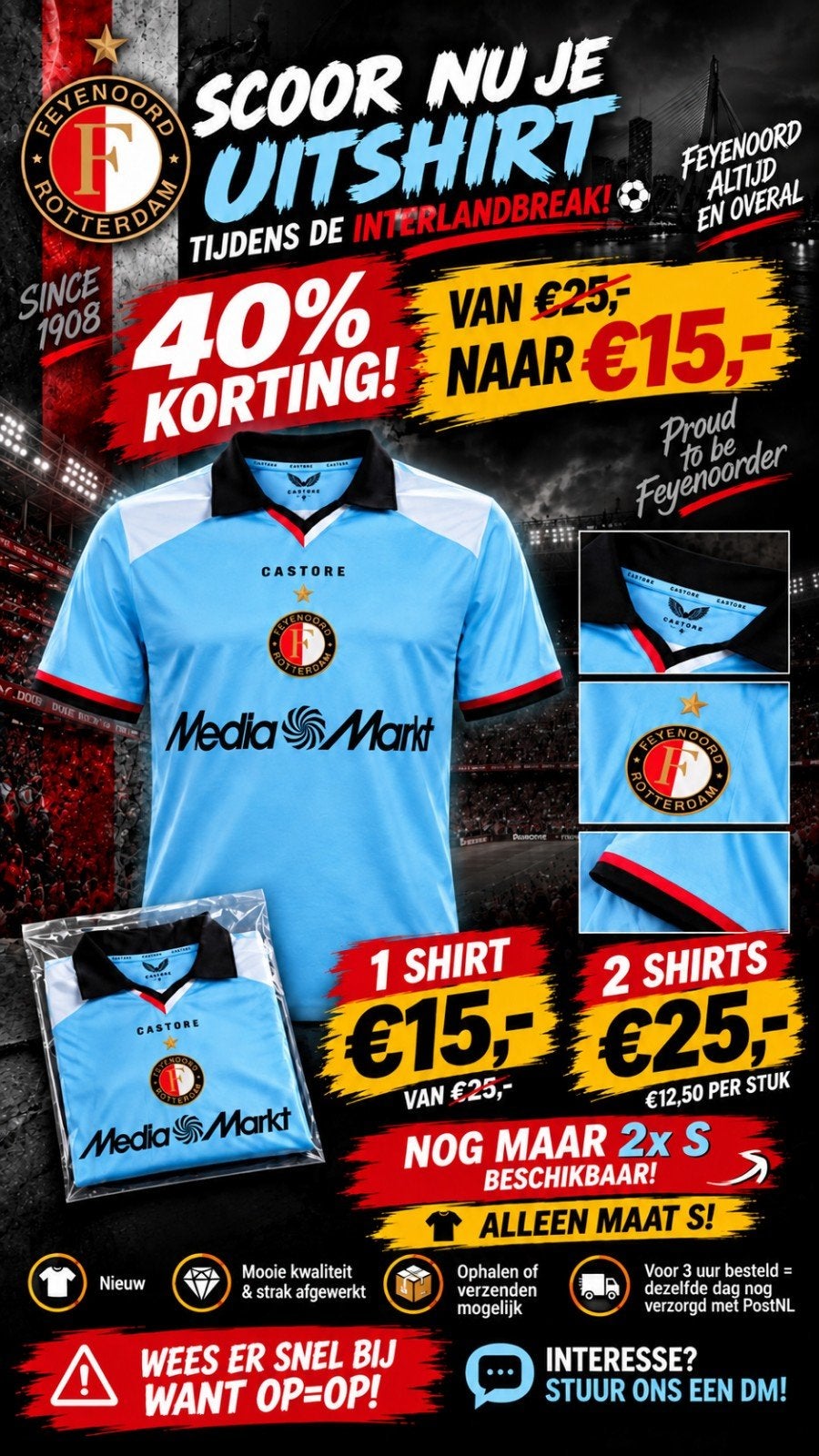 Feyenoord Uitshirt 2026/2027 – Laatste 2x Maat S – Nieuw, Ophalen of Verzenden, Nieuw, Maat 46 (S) of kleiner, Blauw