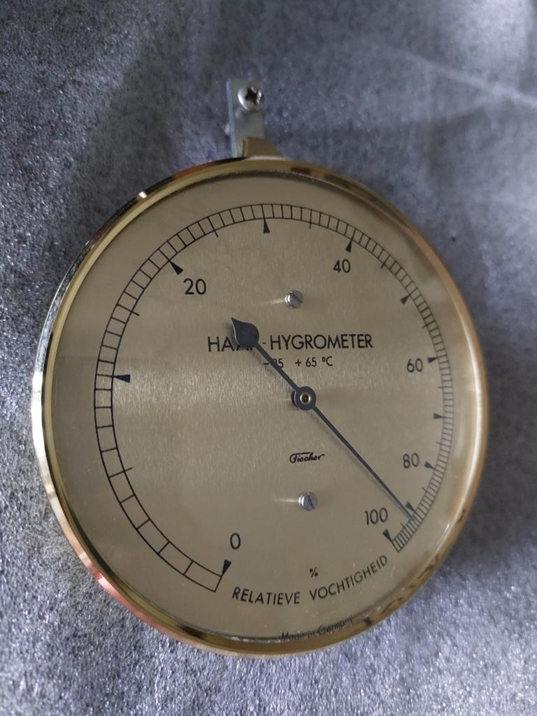 Vintage HAAR Hygrometer merk: Fischer 10x10 cm, onbeschadigd, Ophalen, Zo goed als nieuw