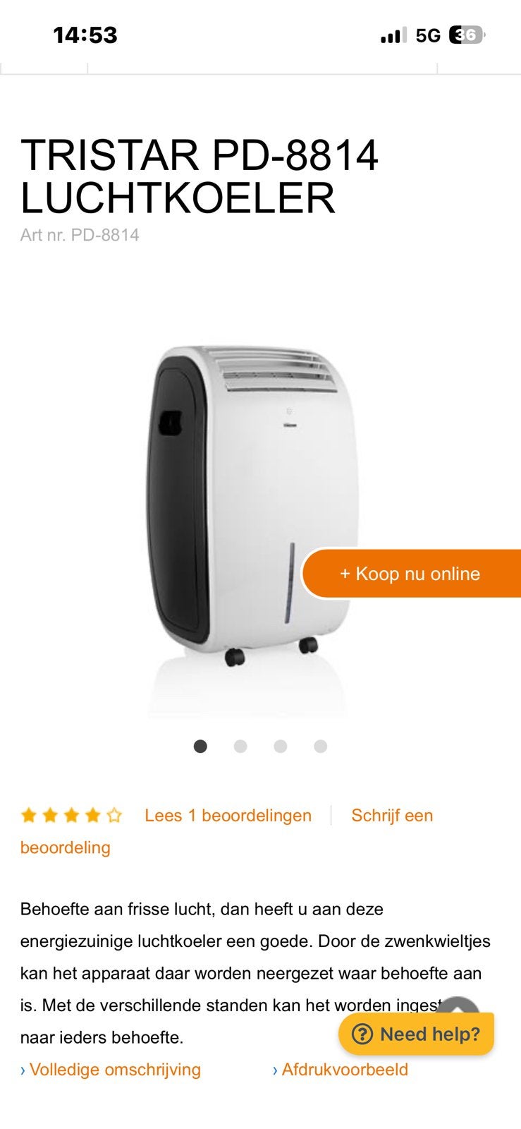 Ventilator aircooler tristar 8814 nieuw, Witgoed en Apparatuur, Ophalen, Nieuw, Torenventilator