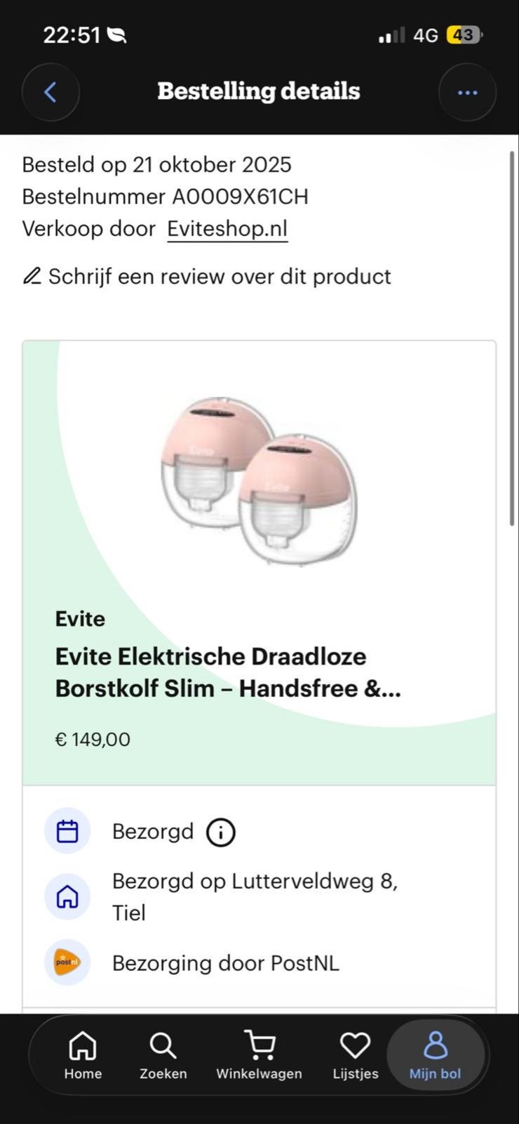 Evite Elektrische Draadloze Borstkolf Slim - Handsfree, Borstkolf, Ophalen of Verzenden, Zo goed als nieuw, Evite