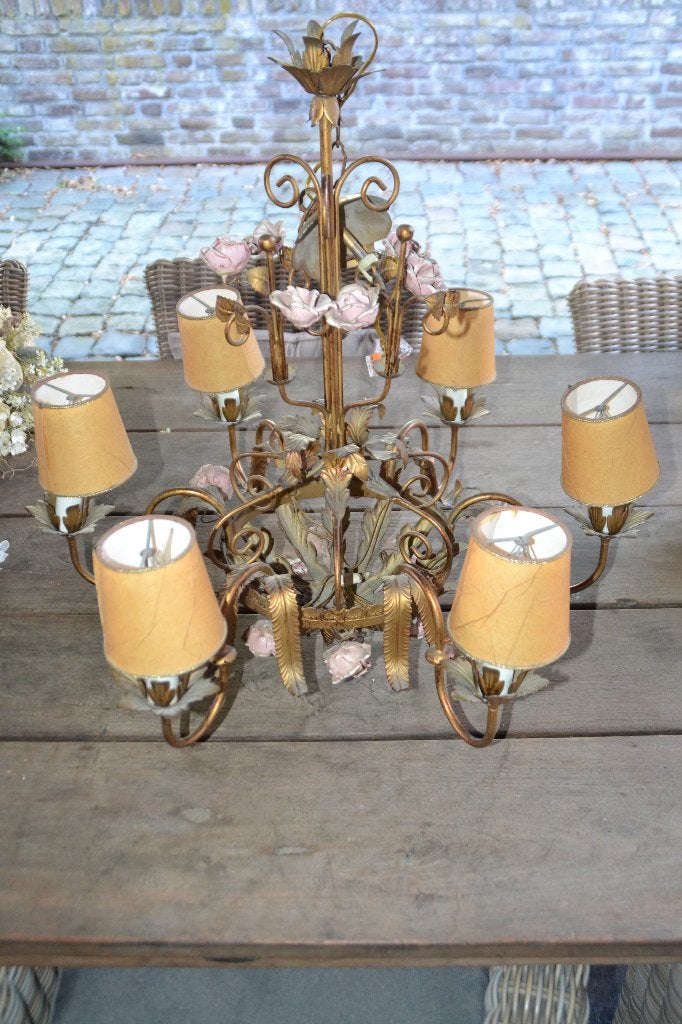Antieke hanglamp met rozen met 6 lampen incl.kapjes, Ophalen