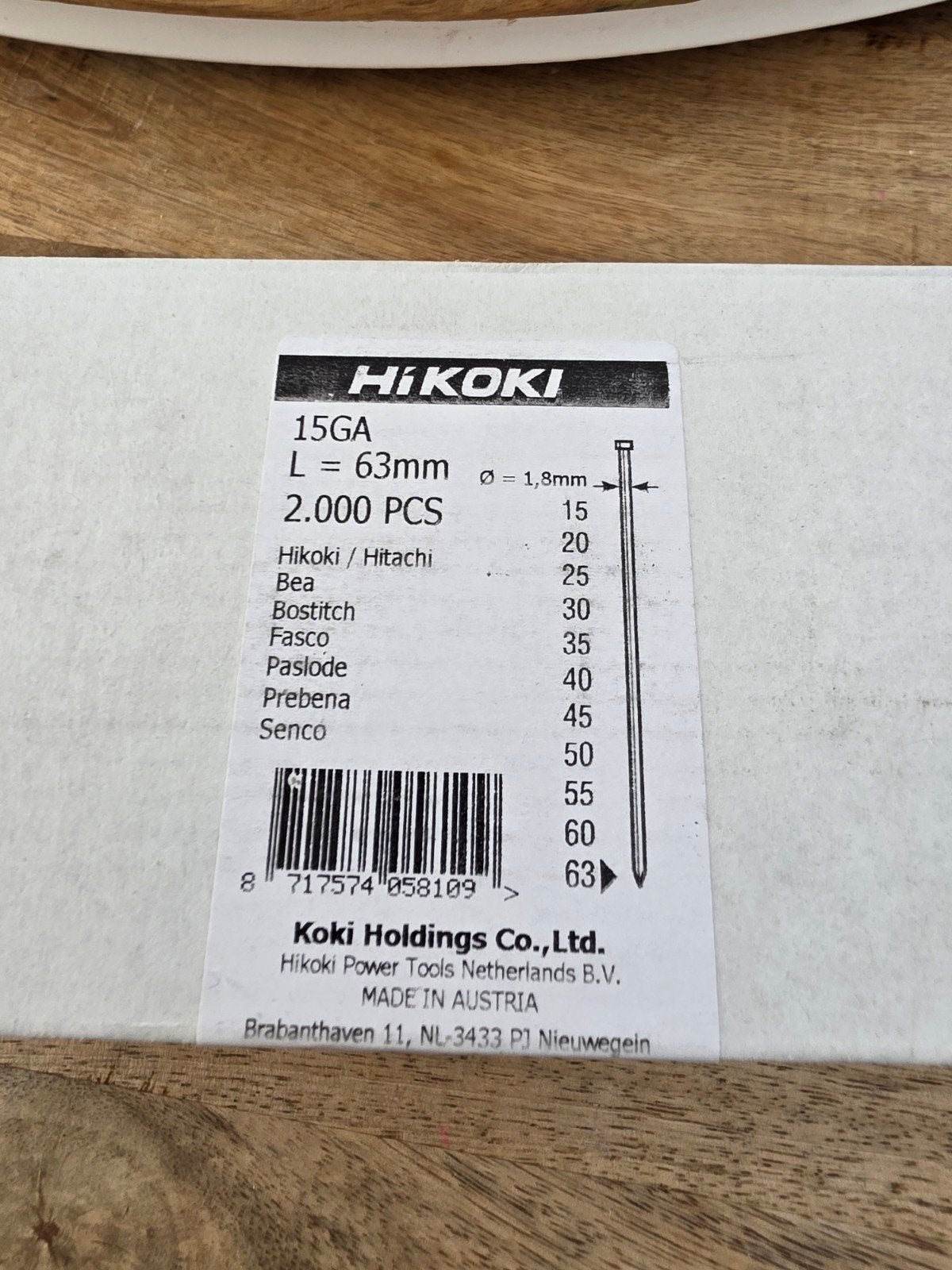 HiKOKI Spijkers 15GA L=63mm Ø=1.8mm - 2000 stuks, Ophalen of Verzenden, Nieuw, 50 tot 100 mm, Spijkers