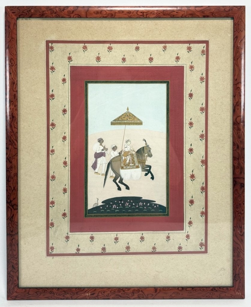 1037. Miniatuurschilderij, Indiase School – vorst, 20e eeuw, Antiek en Kunst, Schilderij, India, 39 cm, Ingelijst