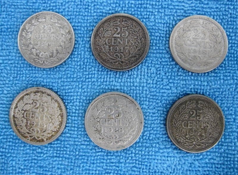 6 x 25 cent - Koningin Wilhelmina - 1904/1941, Zilver, 25 cent, Koningin Wilhelmina, Verzenden
