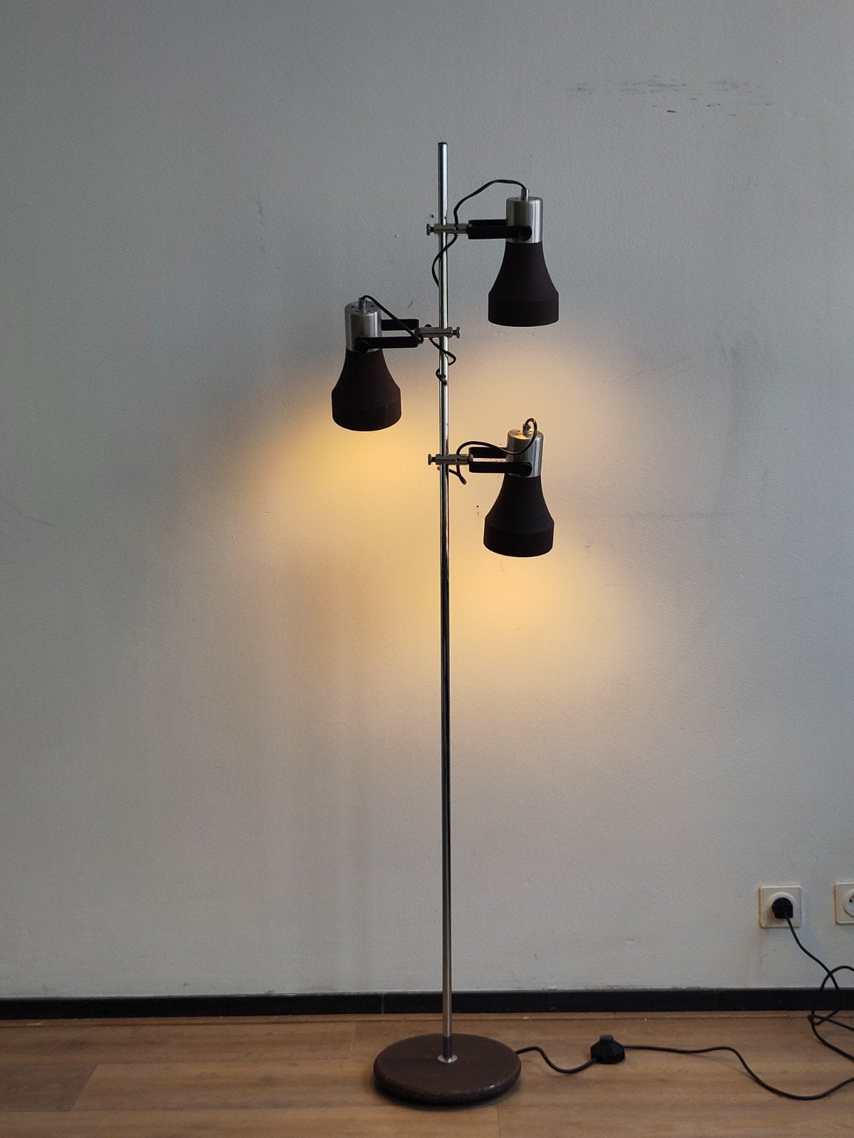 Vintage staande lamp met 3 spots metalen vloerlamp, Ophalen, Gebruikt, Mid century modern dutch design, .