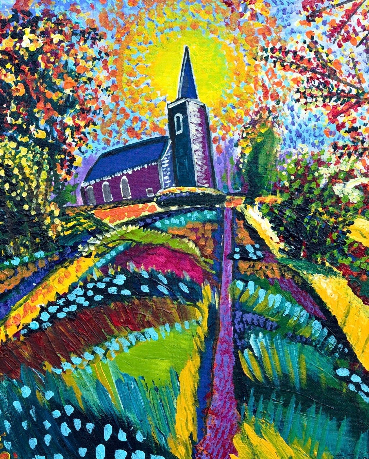 Kerkje van Eenum - Pointillistisch geschilderd, Antiek en Kunst, Landschap, Handgeschilderd, Ophalen of Verzenden, Olieverf