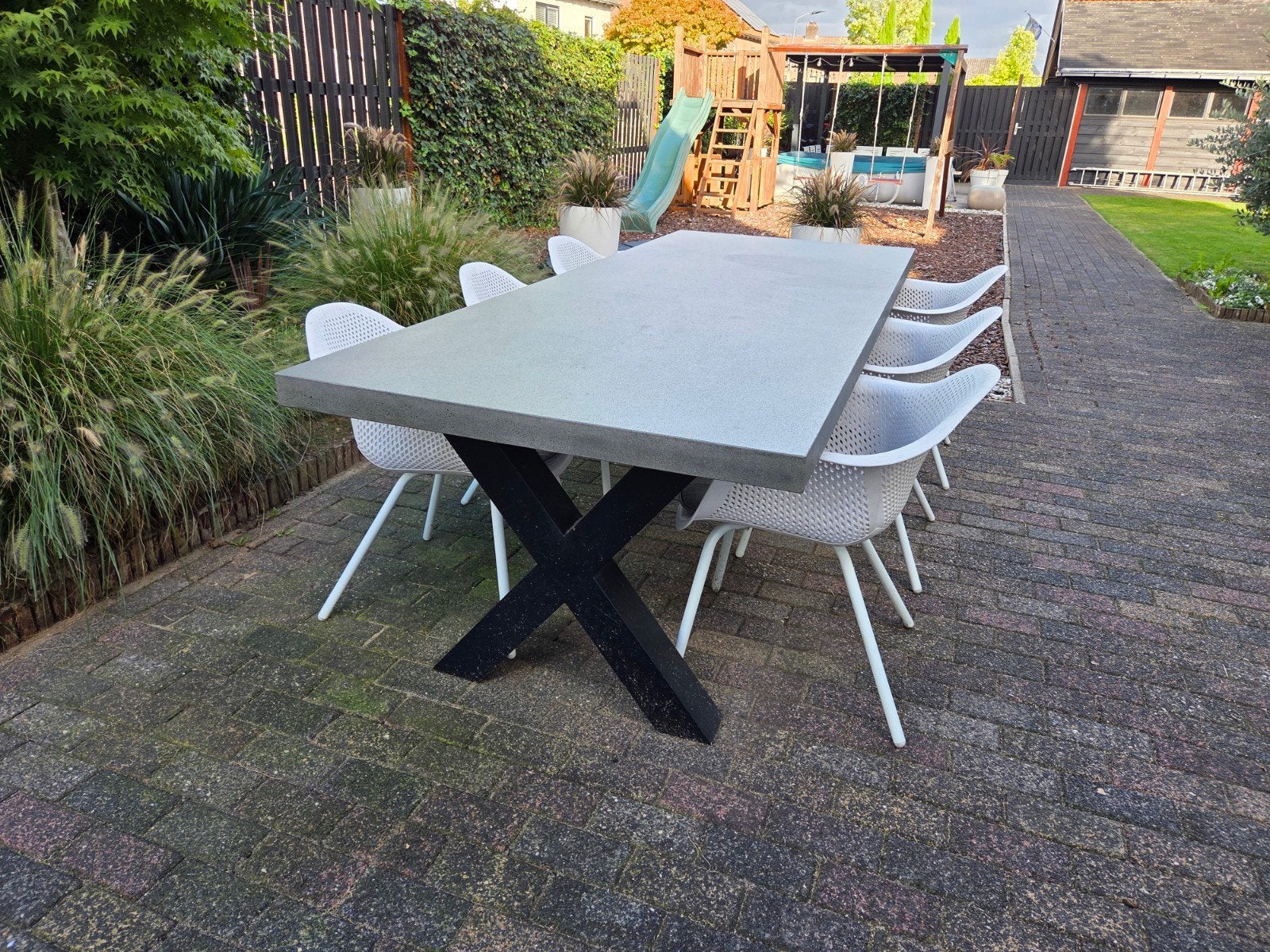 Set van 6 witte tuinstoelen met kussens, Tuin en Terras, Ophalen, Gebruikt, Kunststof