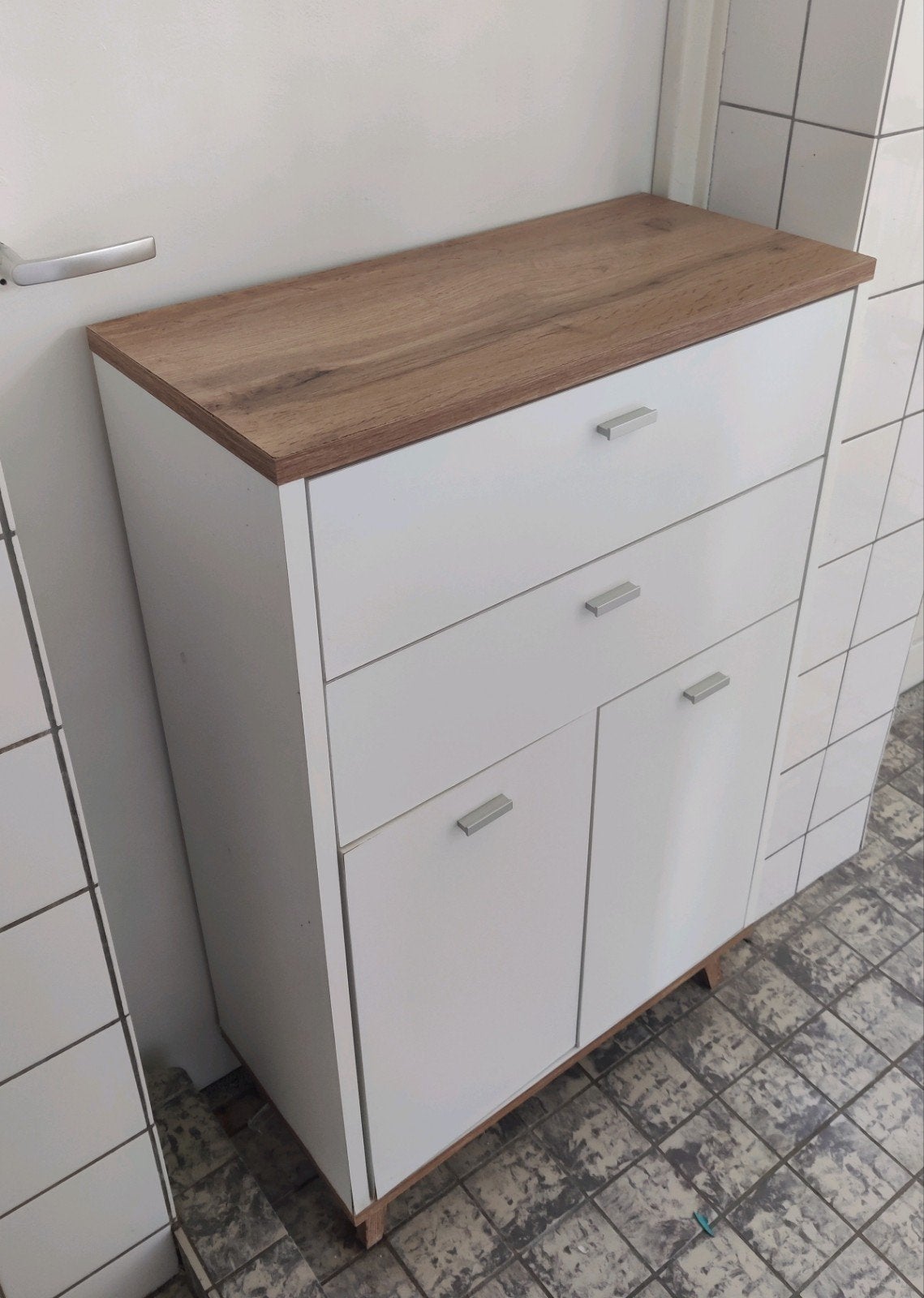 (Badkamer)kast met lades en deuren - Houtkleur en wit, Gebruikt, 1 of 2 laden, Minder dan 100 cm, Overige houtsoorten