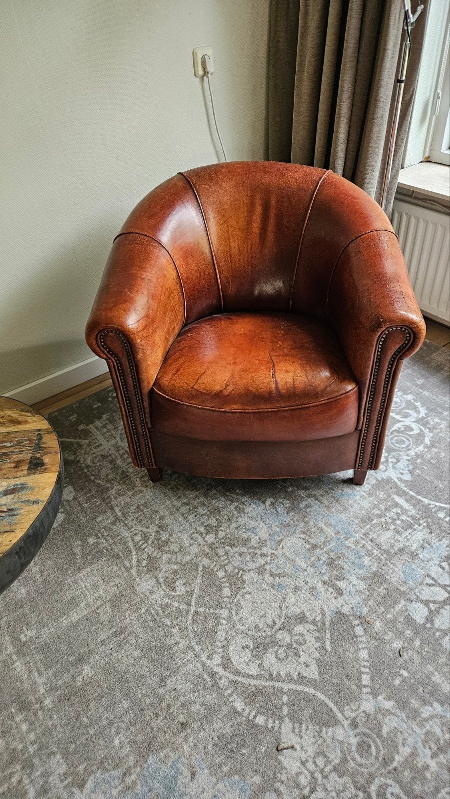 Schapenleren Clubfauteuil - Vintage Stijl, Huis en Inrichting, Fauteuils, Gebruikt, Ophalen of Verzenden, 75 tot 100 cm, 75 tot 100 cm
